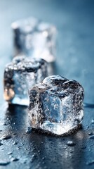 Close-up of melting ice cube on wet dark surface