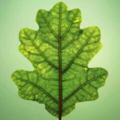 Close-up view of an oak leaf showcasing intricate vein patterns against a soft green backdrop.