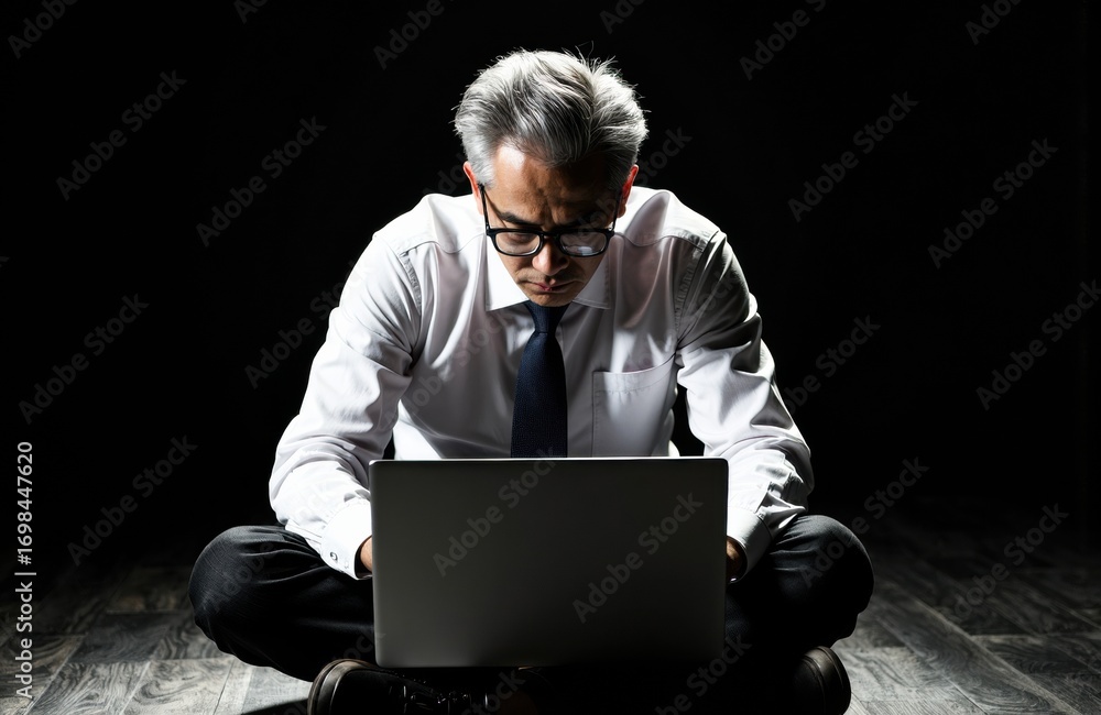 Poster man working on laptop in dark environment with focused expression
