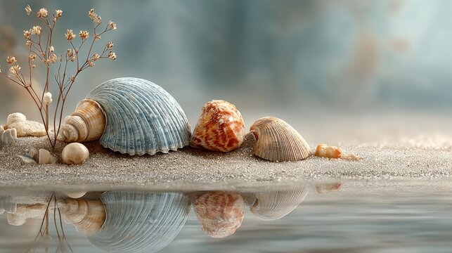 Seashell collection with reflections on sandy seashore
