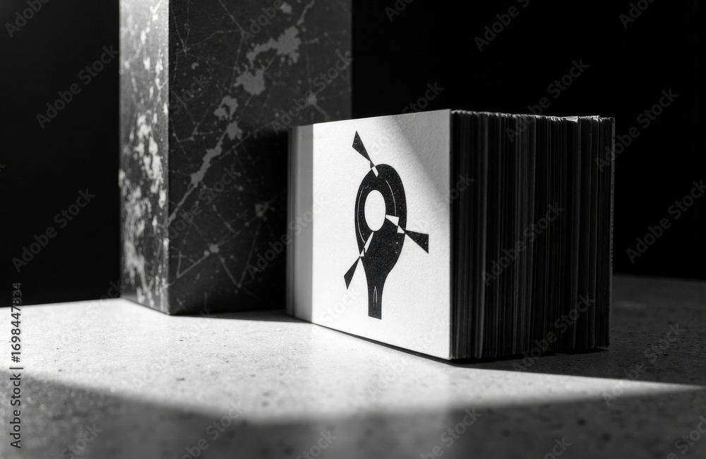 Poster a black and white image of a stack of books with a symbol on the front cover, placed on a surface wi