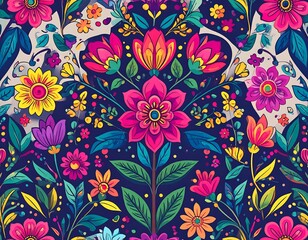 Vibrant floral pattern with stylized animals