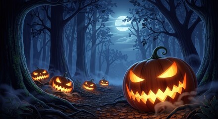 Spooky Halloween Night Forest With Jack O Lanterns Glowing Under The Full Moon