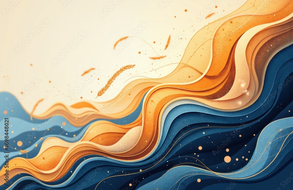 Poster vibrant abstract wave pattern with flowing lines and dynamic colors in shades of orange, blue, and b