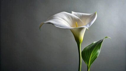 Obraz premium A single elegant white arum lily with a vibrant green leaf, captured against a softly diffused gray backdrop, presents a serene and minimalist floral study.