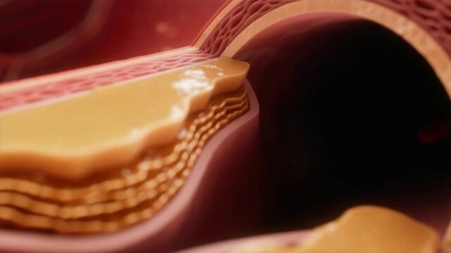 A human artery with red blood cells flowing past a golden cholesterol cell , showing vessel narrowing and high cholesterol, hyperlipidemia, hypercholesterolemia