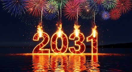 Fiery New Year 2031 Celebration Over Water