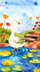 Watercolor goose in a pond, surrounded by flowers and hills