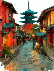 Fototapeta premium Watercolor art deco painting of Kyoto, Japan