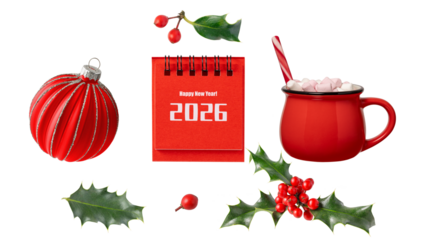 Red 2026 new year calendar, hot chocolate cup with marshmallow and lollipop candy cane, christmas ball, holly berry isolated on white background.