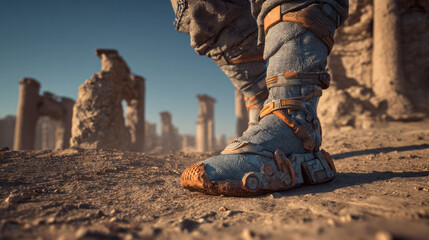 Sci-fi traveler crossing a barren landscape in high-tech gear, symbolizing isolation, endurance, and futuristic missions