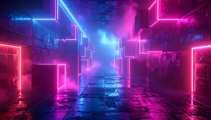 Neon corridor with glowing blocks