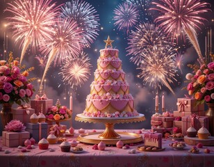 Obraz premium Magnificent tiered cake centerpiece with dazzling fireworks and festive treats, celebrating a joyous occasion.