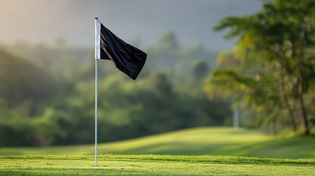 A golf course's flagstick with flag blowing in breeze, green grass and trees in background, Elegant style