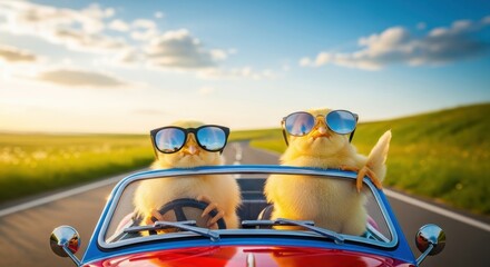 Two Adorable Chicks Enjoying a Joyful Summer Road Trip Adventure Under the Sun