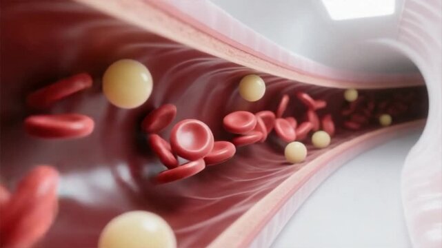 The red blood cells, lipids, and immune cell flowing through 3d blood vessel tunnel with glowing textures, high cholesterol, hyperlipidemia, hypercholesterolemia