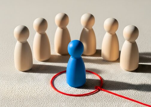 The blue human figure is separated from the rest of the people by a red circle. Personal space and setting boundaries. Isolation from society and individuality or setting healthy personal limits