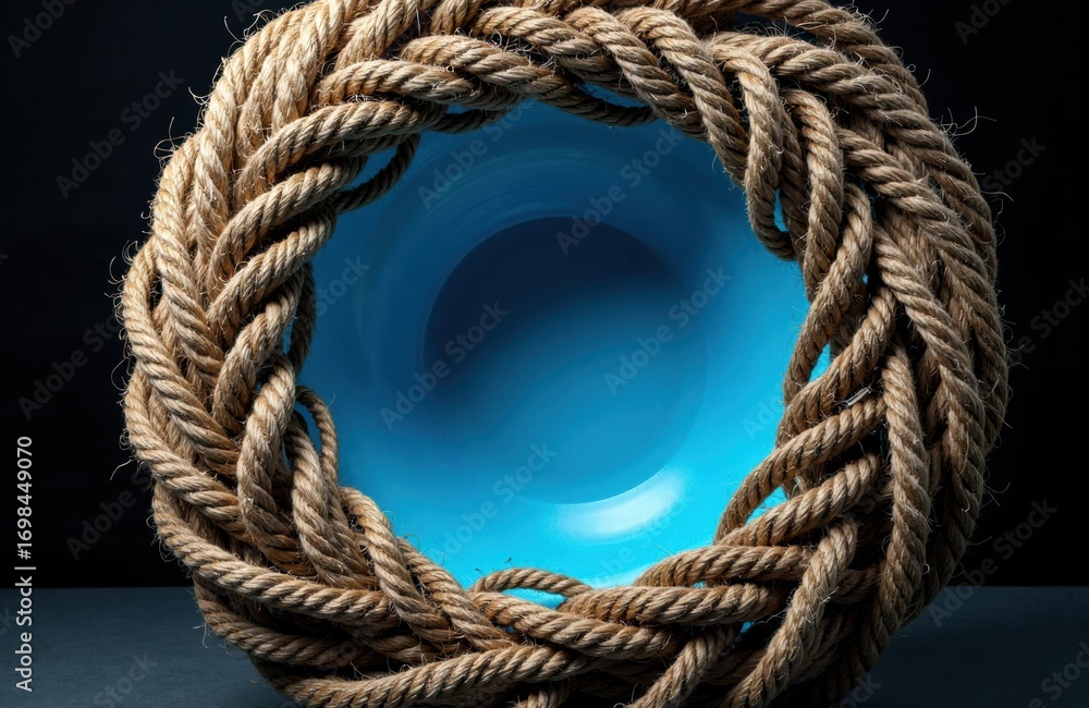 Poster a thick rope forms a circular shape around a glowing blue tunnel creating a nautical or industrial v