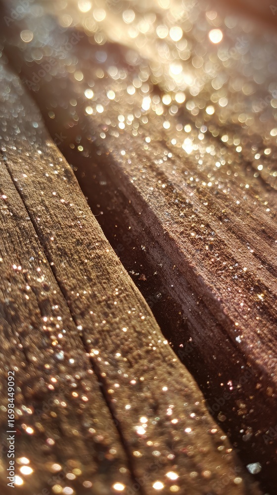 Poster close-up of textured wooden surface with shimmering light reflections creating a sparkling effect.