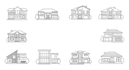 various house designs displayed in simple line drawings