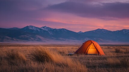 Sunset Camping Tent in Open Grassland with Mountain Range