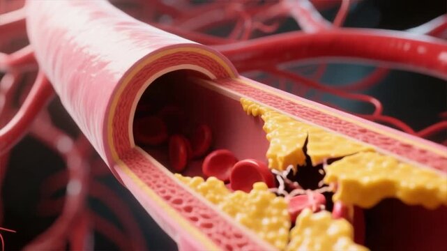 Artery cross section with red blood cells flowing past yellow plaque on vessel wall, network of vascular structures, high cholesterol, hyperlipidemia, hypercholesterolemia