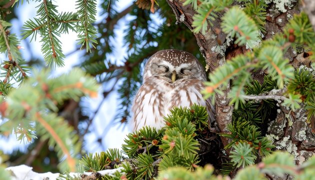 Sleepy owl nestled in a wintry tree
