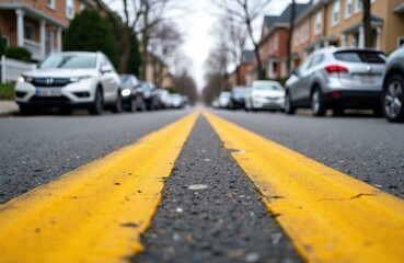 A close-up view of a city street with yellow road markings and parked cars on both sides