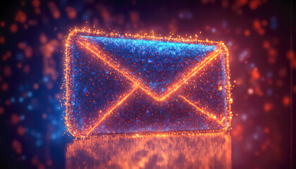 Glowing 3D email icon with particles and star effect on reflective surface in dark room.
