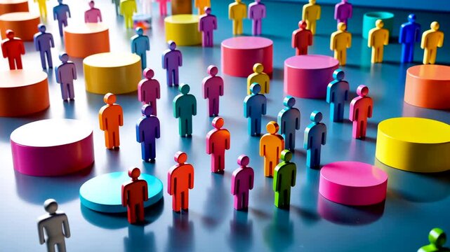 Colorful human figures standing on circular infographic charts representing demographic statistics and population data