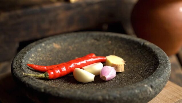 Close-up of red chili peppers and garlic cloves on a traditional stone mortar with a rustic background.