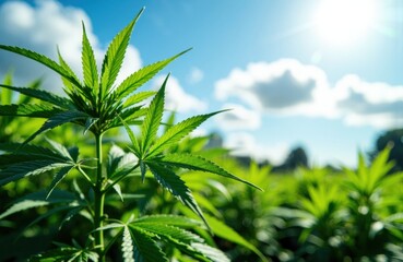 Fototapeta premium Cannabis plant growing outdoors under bright sunlight with a blue sky and clouds in the background