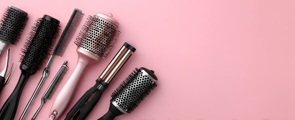Various professional hair brushes and combs on a pink background.