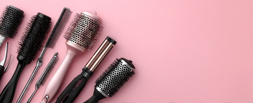 Various professional hair brushes and combs on a pink background.