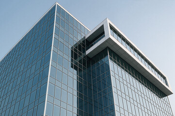 Modern glass office building with contemporary architecture against clear sky