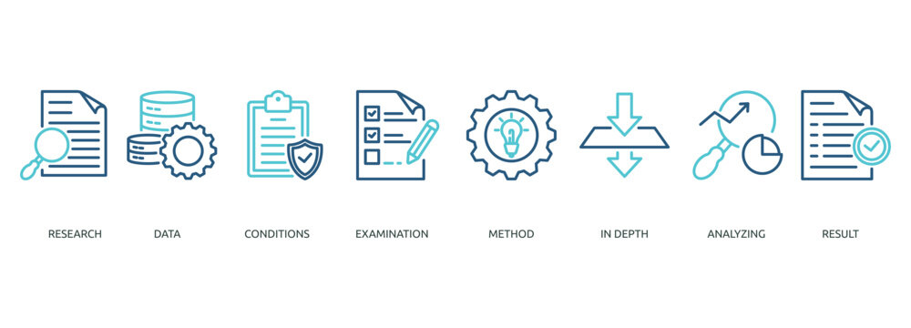 case study outline color banner icon of research, data, conditions, examination, method, in depth, analyzing, result
