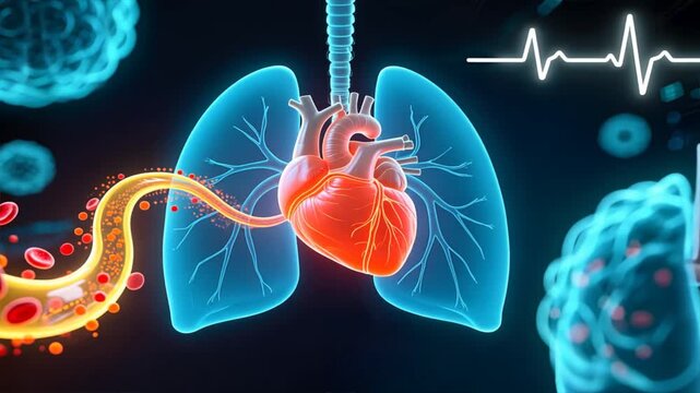 A futuristic medical scene with glowing lungs, artery carrying red particles and cholesterol, high cholesterol, hyperlipidemia, hypercholesterolemia