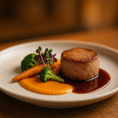 Gourmet fine dining dish with seared fish fillet, carrot puree, broccoli and rich sauce