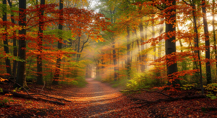 Enchanting autumn forest path with golden sunlight filtering through colorful foliage creating a