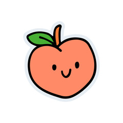 Cute Peach Fruit Sticker with Smiling Face in Flat Cartoon Style. Kawaii Peach Fruit Illustration with Happy Face