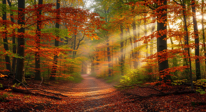 Enchanting autumn forest path with golden sunlight filtering through colorful foliage creating a