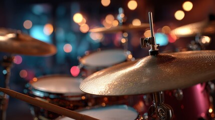 Drum set closeup with cymbals under colorful lights