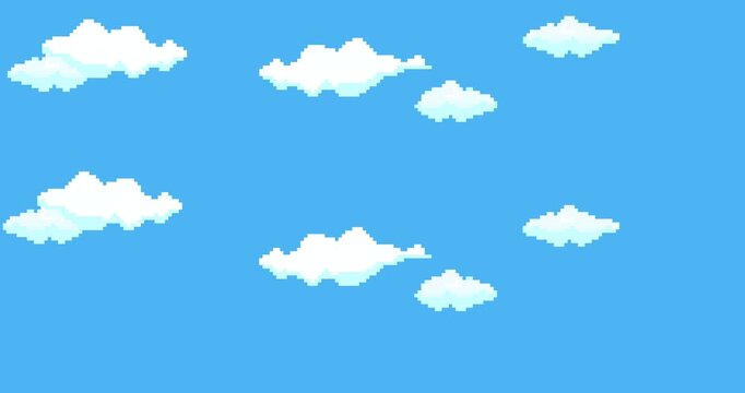 Blue sky with clouds. Pixel art game background. Design 8 bit video vector. Old school background for game.