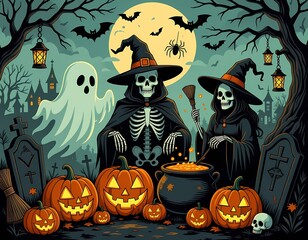 A Halloween scene features two skeletons dressed as witches and wizards, complete with top hats, and a white ghost floating beside them.