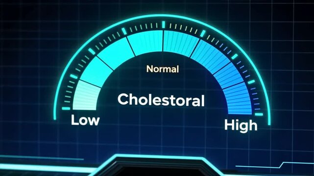 A futuristic digital dashboard showing cholesterol gauge with human silhouette, medical data visualization, high cholesterol, hyperlipidemia, hypercholesterolemia