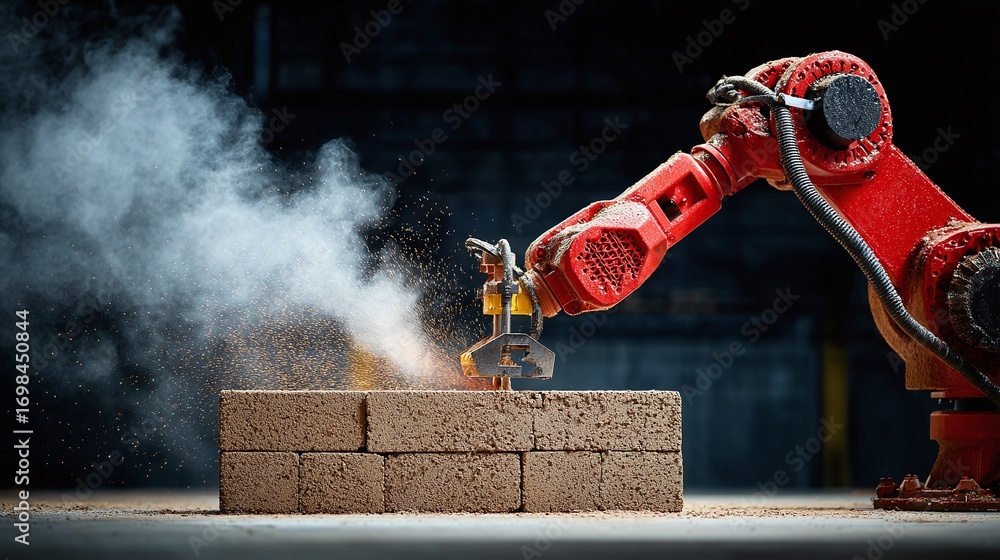 Poster robotic arm precisely working on a stone block, creating dust in a workshop setting. precision manuf