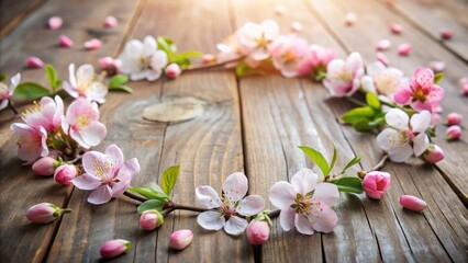 Fototapeta premium Delicate Spring Blossoms Arranged in a Heart Shape on Rustic Wooden Surface
