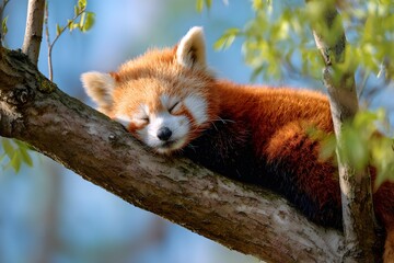 Sleeping Red Panda Resting on a Branch in Natural Habitat Serenity