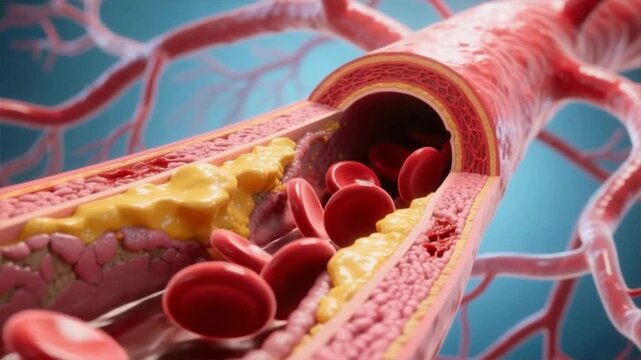 The human artery with heavy cholesterol plaque narrowing blood flow, red cells in motion, and surrounding vessel network, high cholesterol, hyperlipidemia, hypercholesterolemia