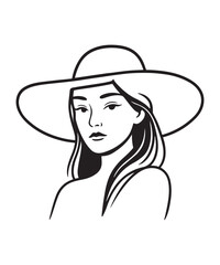 Stylish Woman Line Art Portrait with Wide Hat Vector.